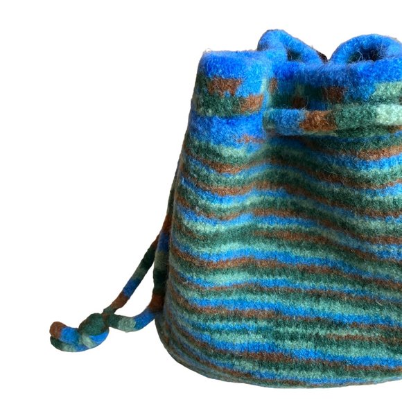 Felted Boiled Wool Multicolored Fall Aesthetic Striped Drawstring Bag Tote - Picture 5 of 9